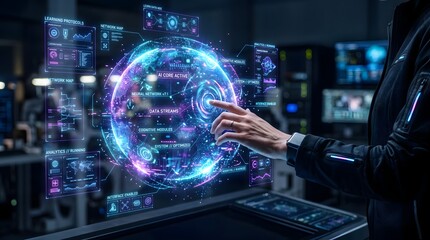 Fototapeta premium Futuristic AI Hologram Interface with Digital Touch Technology