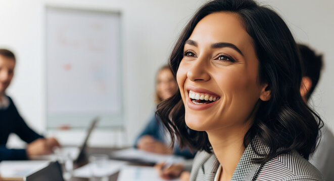 A happy businesswoman smiling during a meeting, a concept of successful collaboration and positive team dynamics in the office