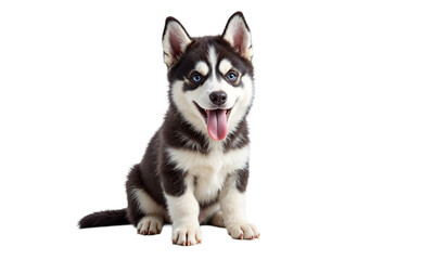 Fototapeta premium Husky puppy isolated sitting on a transparent background featuring blue eyes and an open mouth for pet related designs