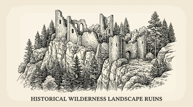 Detailed vintage engraved vector illustration of ancient stone ruins perched on a rugged rocky cliff face surrounded by a dense forest of coniferous pine trees and wilderness landscape.