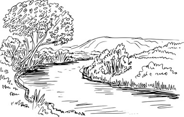 Obraz premium A black and white line of a peaceful river flowing through a scenic landscape with trees and hills