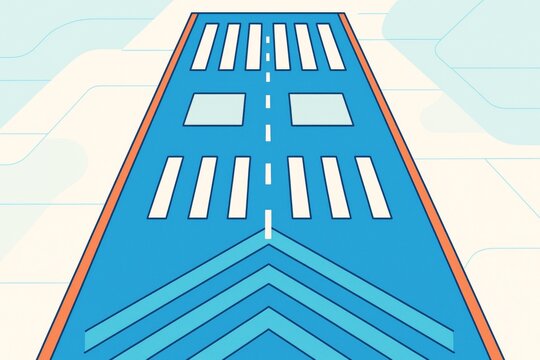 Abstract stylized road with crosswalks and directional arrows in blue and orange on light background, symbolizing urban transport concept. Ai generative