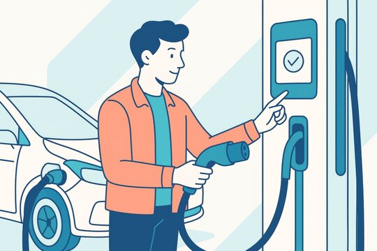 Man charging electric vehicle at station and touching screen on light background, illustrating eco transport and sustainability concept. Ai generative