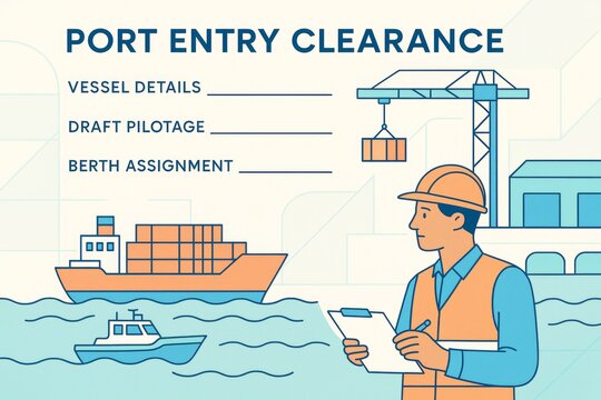 Port entry clearance illustration with dock worker, cargo ship, and pilot boat on water in a light background port scene concept. Ai generative