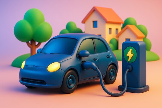 Electric car charging at station with glowing headlights in stylized suburban environment with soft lighting and trees in background. Ai generative