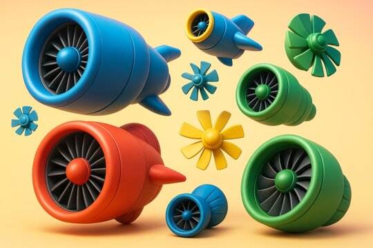Colorful airplane turbines and propellers in playful arrangement on light background showcasing creative transport concept in modern graphic style. Ai generative