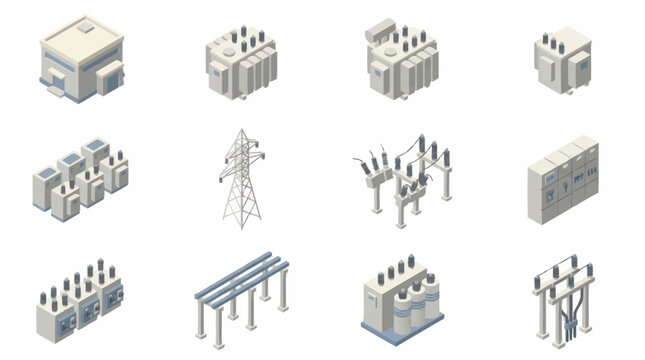 Isometric industrial power substation and electrical infrastructure.