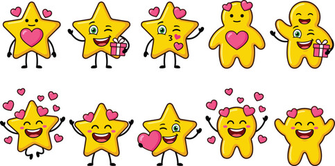 Fototapeta premium Cute Yellow Star and Blob Mascot Character Set with Hearts Gifts and Love Valentine Expression Cartoon Vector Illustrations