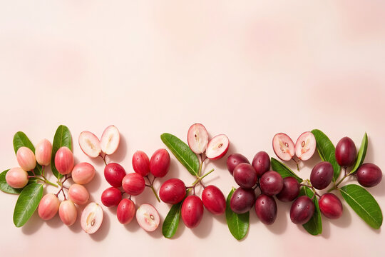 Fresh karonda fruit with green leaves on pink background top view flat lay with copy space