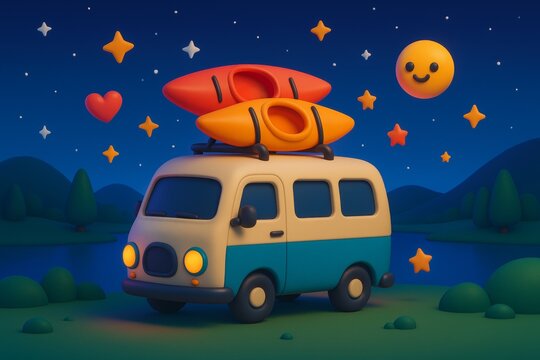 Cute camper van with kayaks on roof under starry night sky in whimsical landscape with glowing moon, heart, and stars in playful style. Ai generative