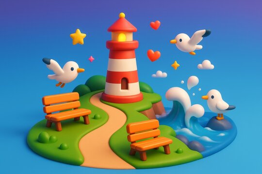 Cute cartoon lighthouse island with benches, seagulls, and waves on blue background, symbolizing joyful seaside travel concept and lighthearted design. Ai generative