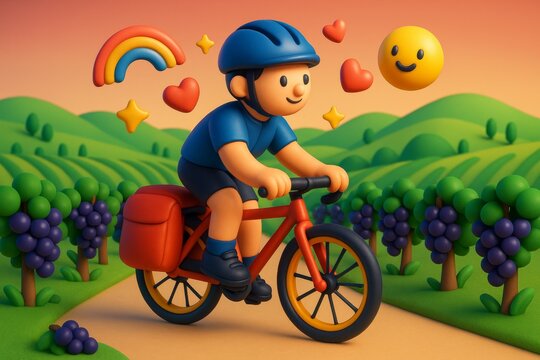 Happy child riding bicycle through vineyard with rainbow, hearts, and smiley icons in colorful hills at sunset light background. Ai generative. Ai generative