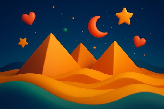 Surreal desert night scene with pyramids, stars, crescent moon, and hearts in a stylized dreamscape concept with soft lighting and fantasy tone. Ai generative