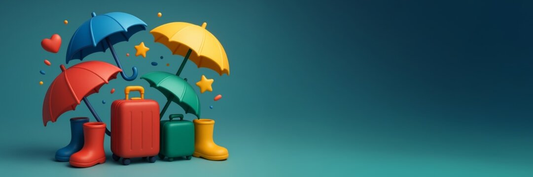 Colorful travel-themed design with umbrellas, boots, and luggage on teal background with blank copy space for creative banner or poster template use. Ai generative