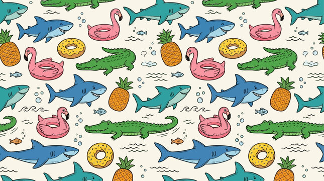 Seamless Vector Pattern with Hand Drawn Cute Sharks Wearing Sunglasses and Colorful Inflatable Pool Floats on Blue Water Background for Summer Holiday Textile Design Wallpaper Backdrop