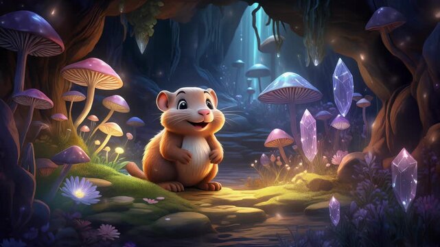 Cute cartoon hamster in a magical mushroom forest with glowing crystals
