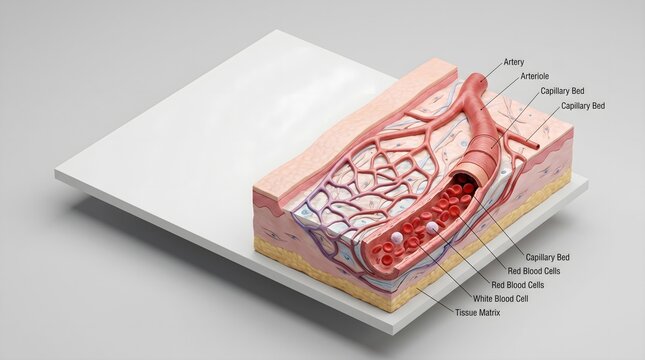 Isometric skin tissue cutaway with artery arteriole capillary bed and blood cells