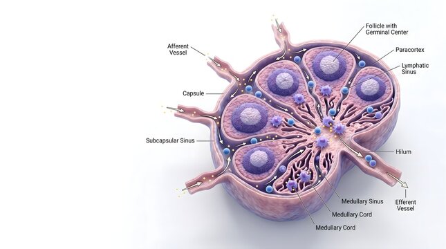 Labeled lymph node anatomy cutaway showing follicles lymphatic sinus and vessels