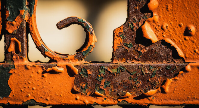 Close-up of peeling orange paint and deep rust on a weathered wrought iron gate