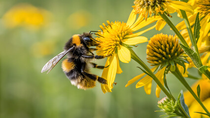 Bumblebee Pollinating Yellow Flower in Close Up Macro Shot with Soft Natural Light © Shukhi