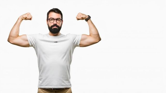 A bearded man in a white t-shirt flexing his muscular arms with pride