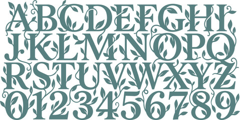 Organic leafy vines typography alphabet set, teal blue botanical letters vector collection © Rove