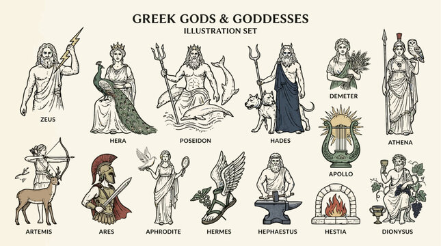 Majestic Collection of Greek Gods and Goddesses including Zeus Hera Poseidon Hades Demeter and Athena in Ancient Mythology Style Artistic Illustration of Olympus Deities and Pantheon Legends