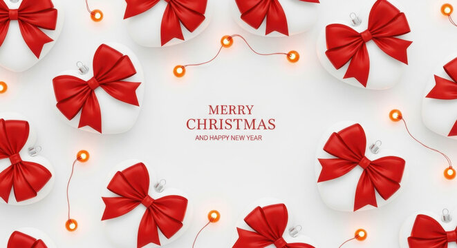 Minimalist christmas background featuring white heart shaped ornaments with red ribbon bows and warm string fairy lights on clean surface.