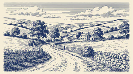 Fototapeta premium Vintage engraved vector illustration of a winding countryside dirt road and farm track through a scenic rural landscape with pastoral sketching elements and rustic woodcut aesthetic.