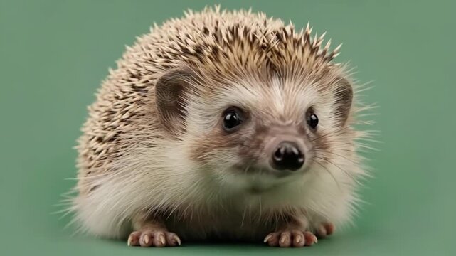 A close up portrait of a small hedgehog against a solid green background