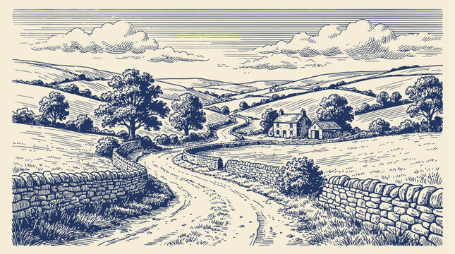 Vintage engraved vector illustration of a winding countryside dirt road and farm track through a scenic rural landscape with pastoral sketching elements and rustic woodcut aesthetic.