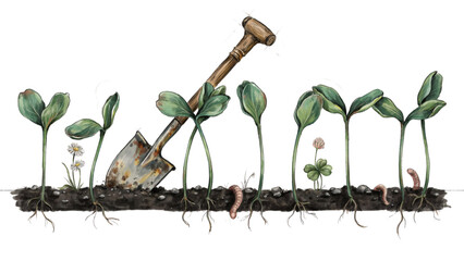 Small green sprouts growing in soil with a garden shovel and earthworms Vector © NURJAHAN