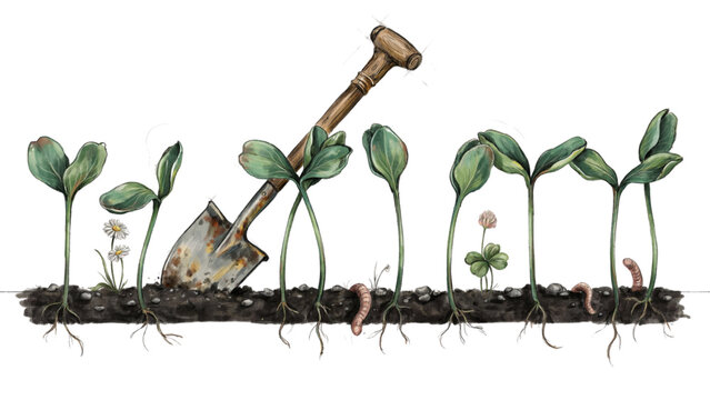 Small green sprouts growing in soil with a garden shovel and earthworms Vector