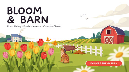 Pixel art landscape featuring a red barn and colorful tulip flower fields on a sunny farm day Vector © NURJAHAN