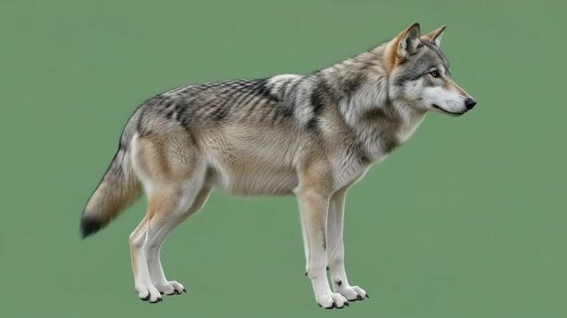 Full body side view of a majestic gray wolf standing on a green background