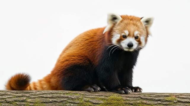 A fluffy red panda sitting comfortably on a textured tree branch outdoors