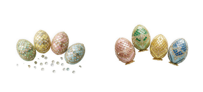 Set of eight ornate decorative easter eggs with intricate jewellike patterns and gold filigree isolated on transparent background