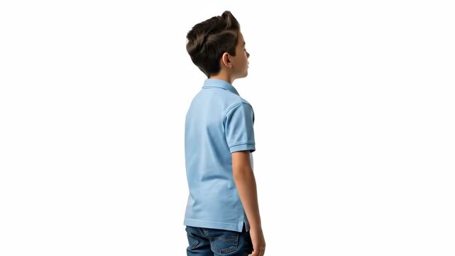 A young boy standing with hands on his waist viewed from the back side