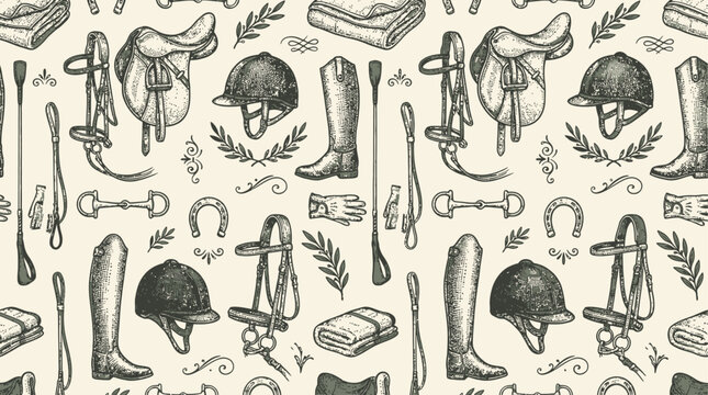 Professional Equestrian Horseback Riding Pattern Featuring Artistic Horse Gear Elements and Sporty Equipment Textures Set Against a Clean Stable Themed Background for Athletic Branding Layout