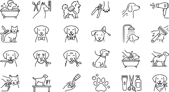 Various dog grooming actions and illustrations of dogs being bathed and groomed.
