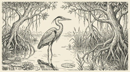 Fototapeta premium Serene vintage line art vector illustration of a majestic heron bird standing gracefully in shallow water, delicate retro sketch of elegant wildlife, minimalist nature scenery design.