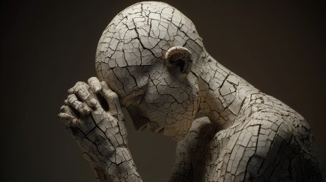 Cracked white clay human figure in contemplative pensive pose, dark moody background