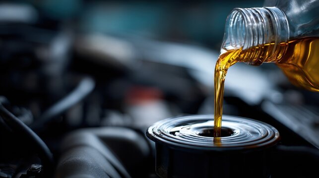 Golden motor oil pouring from clear bottle into car engine, close-up