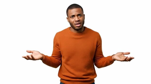 A young african american man shrugging with a confused expression on face