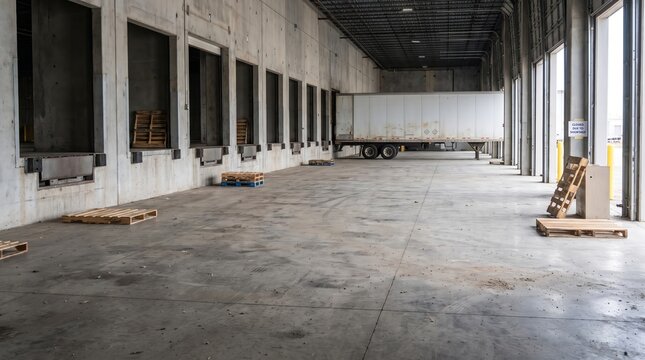 Economic Warfare and Global Market Tensions, Spacious industrial warehouse with loading dock and truck parked inside.