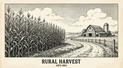 Fototapeta premium Antique vintage engraving illustration of a lush cornfield growing beside a dusty rural farm road leading toward a distant horizon in a scenic pastoral countryside landscape scene