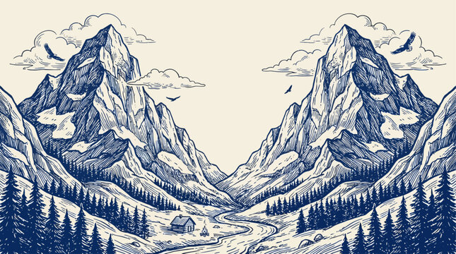 Dramatic vintage woodcut engraving of towering alpine mountain peaks framing a scenic deep valley vista with intricate linework and cross-hatching textures in a classical etching style.