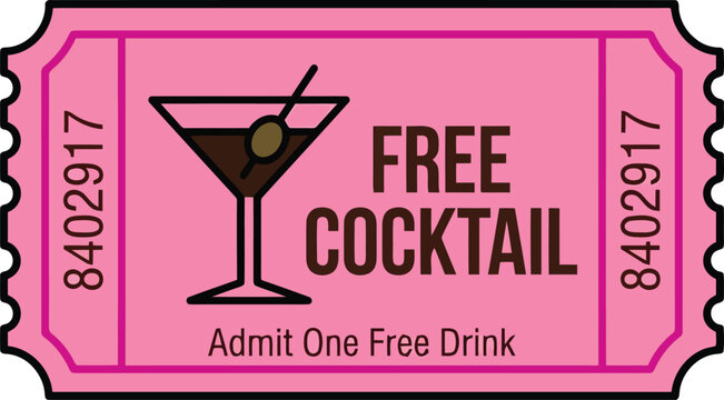 Pink Free Cocktail Ticket Voucher with Martini Glass, Admit One Free Drink Coupon Template