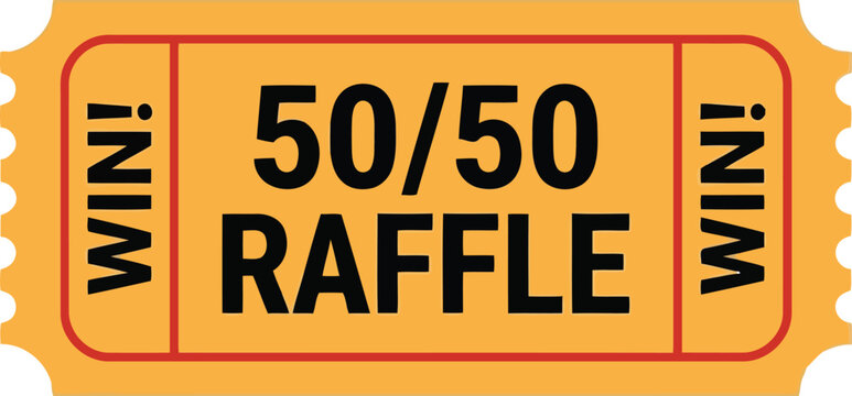 Orange 50/50 raffle ticket with win text, retro event coupon design isolated on white background