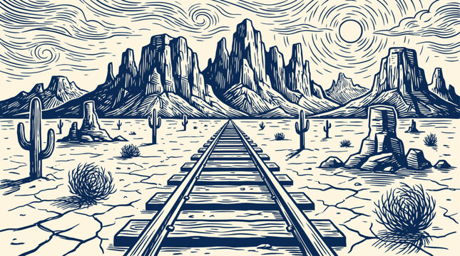 Vintage Woodcut Vector Illustration of a Classic Railway Track Perspective Receding Towards the Horizon, Monochrome Engraving Style of an Outdoor Rural Train Path and Sleepers in the Distance.